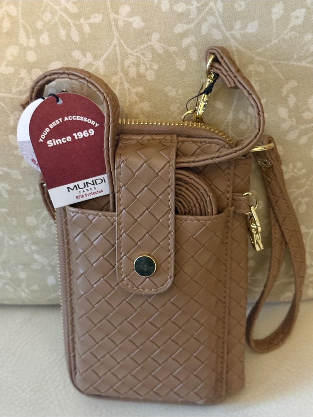 Mundi Tan Woven Crossbody Phone Pouch with Gold Hardware